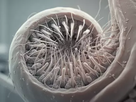 Mikroskopische Aufnahme einer Cochlea-Struktur mit feinen Haarzellen und Fasern in einer wissenschaftlichen Laborumgebung. - Foto: über boerse-global.de