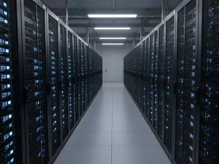 Eine weitläufige Serverraum-Infrastruktur mit blau leuchtenden LED-Statusanzeigen in einer industriellen Umgebung. - Foto: über boerse-global.de