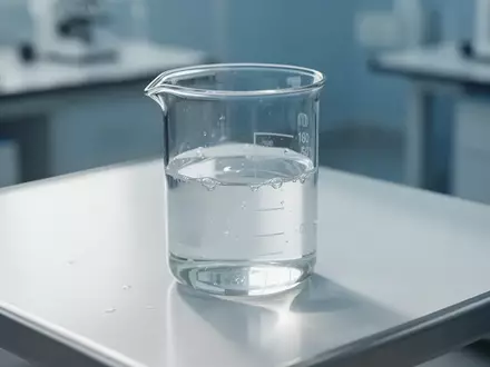 Ein gläsernes Laborbecherglas mit einer klaren Flüssigkeit auf einer sterilen Edelstahloberfläche in einem Forschungslabor. - Foto: über boerse-global.de
