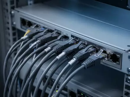 Nahaufnahme von Netzwerkkabeln und Anschlüssen in einem modernen, technischen Verteilerraum ohne Text oder Beschriftungen. - Foto: über boerse-global.de