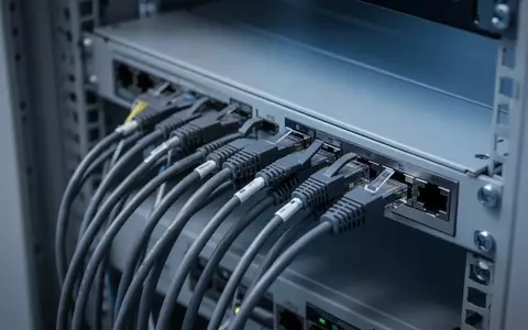 Nahaufnahme von Netzwerkkabeln und Anschlüssen in einem modernen, technischen Verteilerraum ohne Text oder Beschriftungen. - Foto: über boerse-global.de