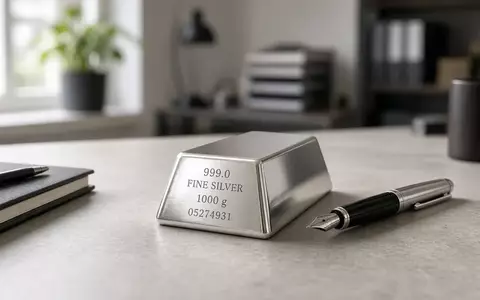 Ein glänzender Silberbarren und ein hochwertiger Füllfederhalter auf einem modernen Schreibtisch bei natürlichem Licht. - Foto: über boerse-global.de