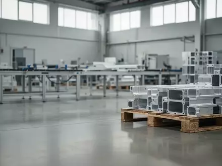 Innenraum einer modernen Industriehalle mit polierten Betonböden und sauber gestapelten Metallkomponenten bei natürlichem Licht. - Foto: über boerse-global.de