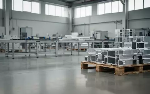 Innenraum einer modernen Industriehalle mit polierten Betonböden und sauber gestapelten Metallkomponenten bei natürlichem Licht. - Foto: über boerse-global.de