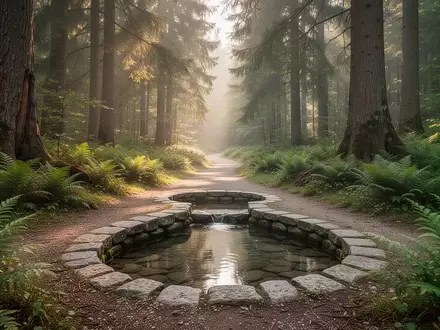 Ein sonnendurchfluteter Waldpfad mit einem natürlichen Steinbecken in einer bayerischen Kurlandschaft. - Foto: über boerse-global.de
