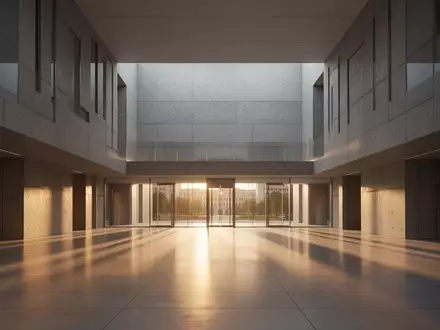 Ein minimalistisches, architektonisches Interieur eines Verwaltungsgebäudes mit klaren Linien und weichem Lichteinfall. - Foto: über boerse-global.de