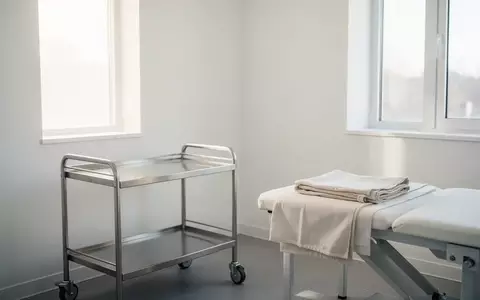 Ein heller, steriler Untersuchungsraum in einer Klinik mit einfallendem Tageslicht und einem leeren medizinischen Rollwagen. - Foto: über boerse-global.de
