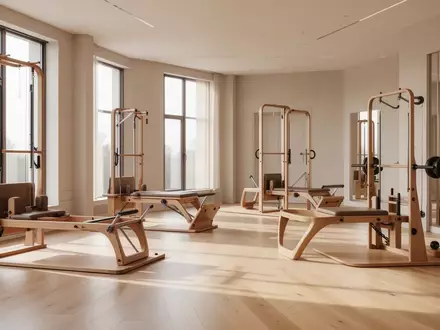 Heller, minimalistischer Fitnessraum mit hochwertigen Holztrainingsgeräten und großen Fenstern in einer ruhigen Umgebung. - Foto: über boerse-global.de