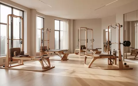 Heller, minimalistischer Fitnessraum mit hochwertigen Holztrainingsgeräten und großen Fenstern in einer ruhigen Umgebung. - Foto: über boerse-global.de