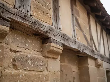 Nahaufnahme von historischem Mauerwerk und freigelegten Holzbalken an der Fassade eines denkmalgeschützten Gebäudes. - Foto: über boerse-global.de
