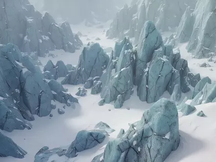 Eine minimalistische Nahaufnahme einer eisigen Berglandschaft mit gletscherblauen Felsformationen und unberührtem Schnee. - Foto: über boerse-global.de