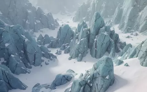 Eine minimalistische Nahaufnahme einer eisigen Berglandschaft mit gletscherblauen Felsformationen und unberührtem Schnee. - Foto: über boerse-global.de