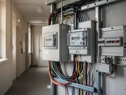 Stromzählerkasten in einem Wohnhausflur mit verschiedenen Kabeln und Anschlüssen. - Foto: über boerse-global.de