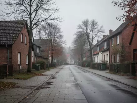 Eine ruhige, menschenleere Wohnstraße in einer deutschen Kleinstadt unter einem bewölkten Himmel. - Foto: über boerse-global.de
