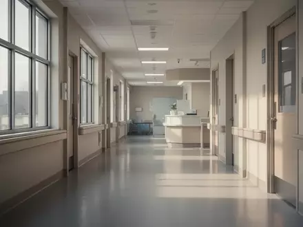 Ein heller, leerer Krankenhausflur mit groĂźen Fenstern und modernem, sterilem Interieur. - Foto: ĂĽber boerse-global.de