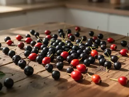 Frische Aroniabeeren und Hagebutten liegen auf einem rustikalen Holztisch. - Foto: über boerse-global.de