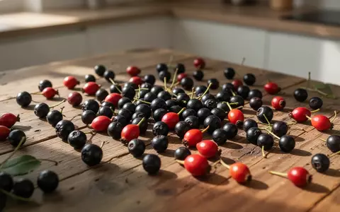 Frische Aroniabeeren und Hagebutten liegen auf einem rustikalen Holztisch. - Foto: über boerse-global.de