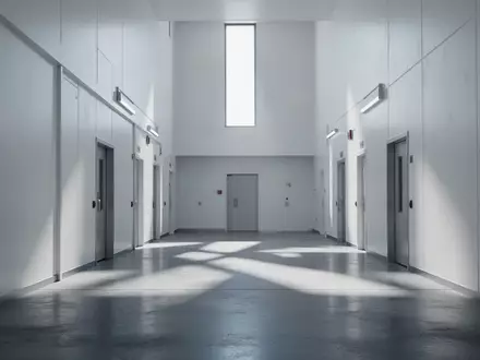 Ein minimalistischer, heller Flur in einem modernen Sicherheitsgebäude mit geometrischen Schattenwürfen. - Foto: über boerse-global.de