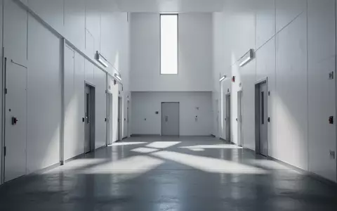 Ein minimalistischer, heller Flur in einem modernen Sicherheitsgebäude mit geometrischen Schattenwürfen. - Foto: über boerse-global.de