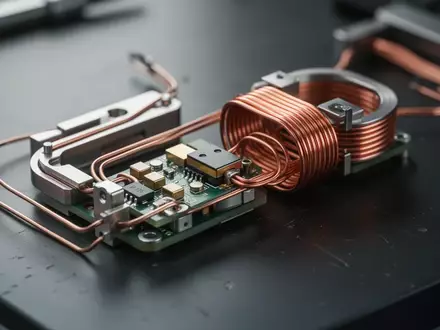 Nahaufnahme von elektromagnetischen Sensorkomponenten und Kupferspulen auf einer Werkbank, die die Hall-Effekt-Technologie veranschaulichen. - Foto: über boerse-global.de