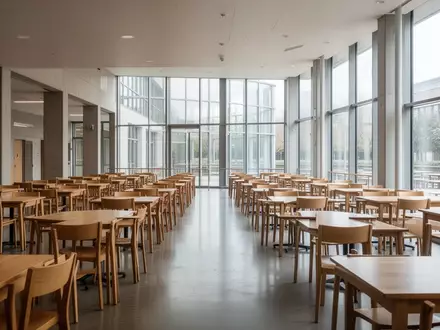 Leerer Speisesaal einer Universitätsmensa mit ordentlich aufgestellten Tischen und Stühlen in hellem, natürlichem Licht. - Foto: über boerse-global.de