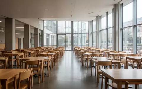 Leerer Speisesaal einer Universitätsmensa mit ordentlich aufgestellten Tischen und Stühlen in hellem, natürlichem Licht. - Foto: über boerse-global.de