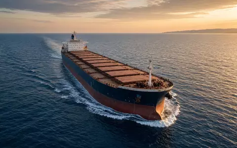 Ein großes Massengutschiff auf offener See bei Sonnenuntergang. - Foto: über boerse-global.de