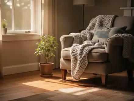 Ein sonnendurchflutetes, gemütliches Wohnzimmer mit einem Sessel und einer Decke, das ein stabiles und warmes Zuhause symbolisiert. - Foto: über boerse-global.de