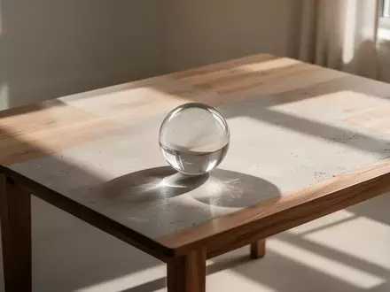 Eine klare Glaskugel auf einem minimalistischen Holztisch bei natürlichem Lichteinfall, die Licht und Schatten wirft. - Foto: über boerse-global.de