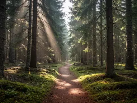 Ein schmaler Wanderweg führt durch einen tiefgrünen, sonnendurchfluteten Nadelwald. - Foto: über boerse-global.de