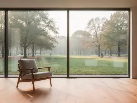 Ein helles, modernes Wohnzimmer mit Blick in einen Park, das eine ruhige und unterstützende Wohnumgebung für Senioren darstellt. - Foto: über boerse-global.de