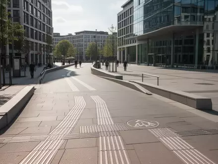 Ein barrierefreier, gepflasterter Gehweg in einer Stadt mit taktilen Leitelementen am Boden bei Tageslicht. - Foto: über boerse-global.de