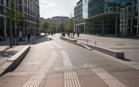 Ein barrierefreier, gepflasterter Gehweg in einer Stadt mit taktilen Leitelementen am Boden bei Tageslicht. - Foto: über boerse-global.de