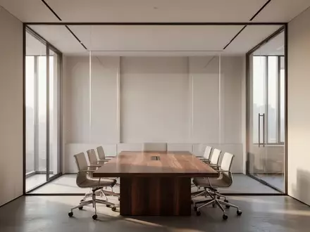 Ein minimalistischer, moderner Konferenzraum mit einem leeren Holztisch in einem hellen, architektonisch schlichten Büro. - Foto: über boerse-global.de