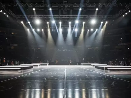 Eine leere, hell beleuchtete Wettkampfbühne in einer großen Arena mit Scheinwerferlicht auf dem glänzenden Boden. - Foto: über boerse-global.de
