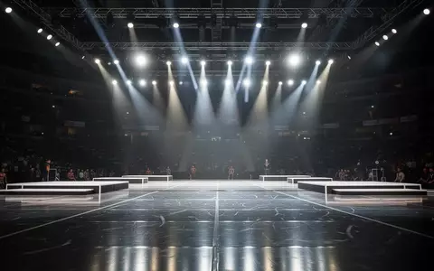Eine leere, hell beleuchtete Wettkampfbühne in einer großen Arena mit Scheinwerferlicht auf dem glänzenden Boden. - Foto: über boerse-global.de