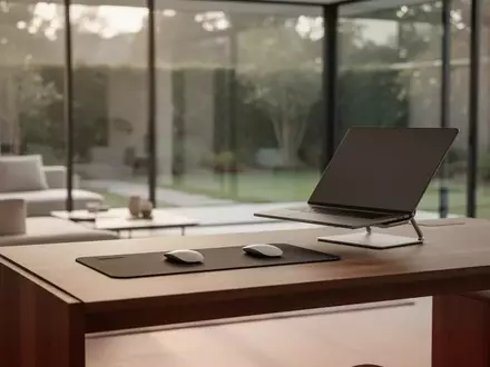 Ein minimalistischer, moderner Arbeitsplatz mit einem leeren Schreibtisch und einem geschlossenen Laptop bei natürlichem Licht. - Foto: über boerse-global.de