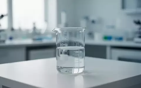 Ein gläsernes Laborbehältnis mit klarer Flüssigkeit auf einer sterilen weißen Oberfläche in einem medizinischen Labor. - Foto: über boerse-global.de
