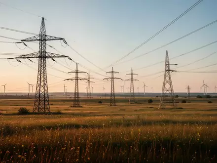 Hochspannungsmasten in einer weitläufigen Wiesenlandschaft mit Windkraftanlagen im Hintergrund bei Sonnenuntergang. - Foto: über boerse-global.de