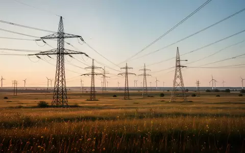 Hochspannungsmasten in einer weitläufigen Wiesenlandschaft mit Windkraftanlagen im Hintergrund bei Sonnenuntergang. - Foto: über boerse-global.de