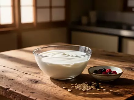 Eine Nahaufnahme einer Schale mit fermentiertem Joghurt auf einem rustikalen Holztisch in einer hellen, minimalistischen Küche. - Foto: über boerse-global.de