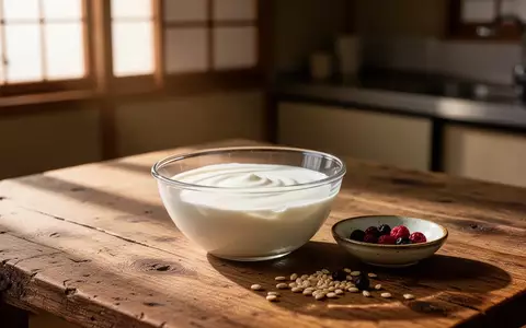Eine Nahaufnahme einer Schale mit fermentiertem Joghurt auf einem rustikalen Holztisch in einer hellen, minimalistischen Küche. - Foto: über boerse-global.de