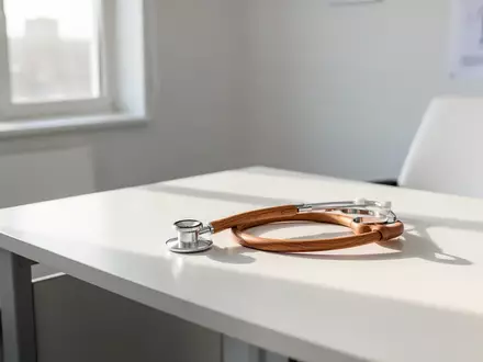 Ein minimalistisch eingerichtetes, helles Behandlungszimmer mit einem Stethoskop auf einem weißen Tisch. - Foto: über boerse-global.de