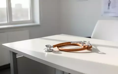 Ein minimalistisch eingerichtetes, helles Behandlungszimmer mit einem Stethoskop auf einem weißen Tisch. - Foto: über boerse-global.de
