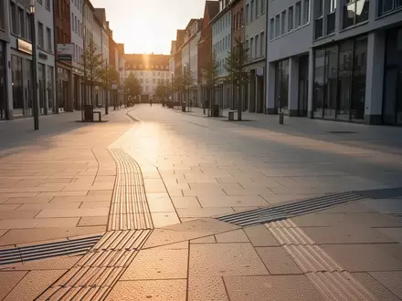 Ein barrierefreier, gepflasterter Gehweg mit taktilen Leitelementen in einem modernen Stadtviertel bei Sonnenuntergang. - Foto: über boerse-global.de