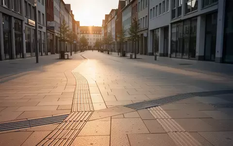 Ein barrierefreier, gepflasterter Gehweg mit taktilen Leitelementen in einem modernen Stadtviertel bei Sonnenuntergang. - Foto: über boerse-global.de