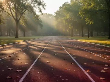 Eine leere Laufbahn in einem Park im morgendlichen Sonnenlicht mit herbstlichen Blättern auf dem Boden. - Foto: über boerse-global.de