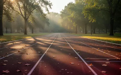 Eine leere Laufbahn in einem Park im morgendlichen Sonnenlicht mit herbstlichen Blättern auf dem Boden. - Foto: über boerse-global.de