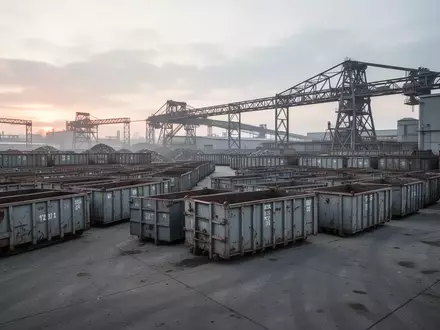 Industriegelände mit aufgereihten leeren Metallcontainern auf einem betonierten Betriebshof bei Tageslicht. - Foto: über boerse-global.de