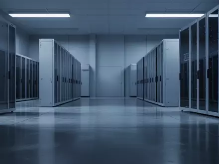 Moderne, minimalistische Innenansicht eines Rechenzentrums mit blauer Beleuchtung und klaren architektonischen Linien. - Foto: über boerse-global.de